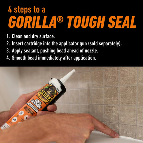 Side view of Gorilla 100% silicone sealant cartridge being applied along a tiled bathroom edge; white, 10 oz.