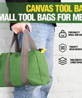 Canvas Tool Bag For Handyman Pros 12 Inch Small Tote With Large Capacity Multipurpose Zippered Organizer shown in hand