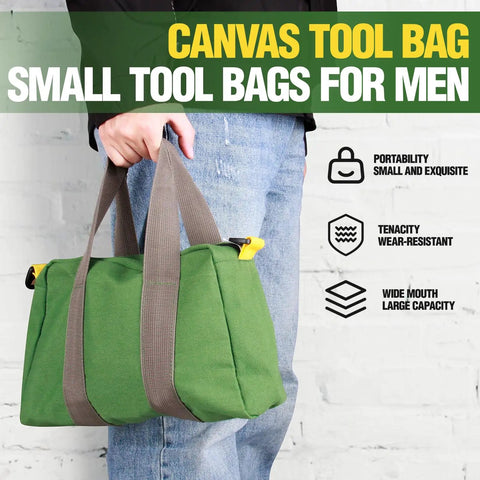 Canvas Tool Bag For Handyman Pros 12 Inch Small Tote With Large Capacity Multipurpose Zippered Organizer shown in hand