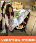 Woman installing baby car seat sun shade cover heat protector keeps kid cool on every ride UV blocking insulated shade with reflective film