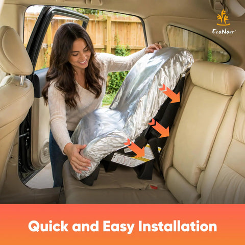Woman installing baby car seat sun shade cover heat protector keeps kid cool on every ride UV blocking insulated shade with reflective film