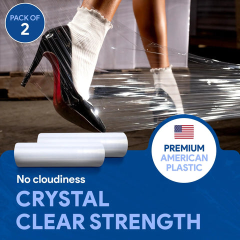 17 Inch Clear Plastic Stretch Film Wrap 2 Pack 1200 Feet Total 500 Percent Stretch Heavy Duty Cling Film With Premium American Plastic