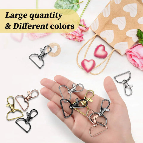 25 Heavy Duty Metal Swivel Clasp Hooks And One Inch D Ring Keychain Making Kit Featuring smooth lobster claw clasps in hand.