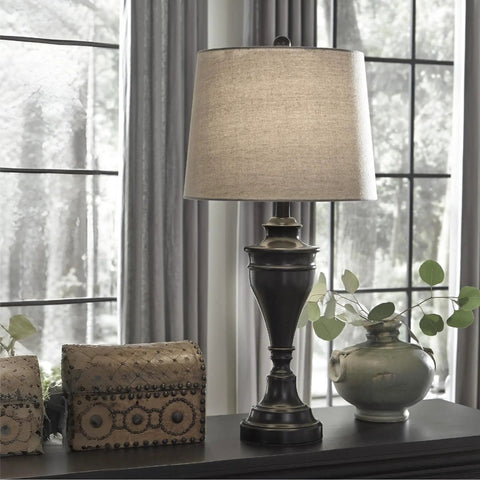 Bronze Traditional Table Lamp With Fabric Hardback Shade And Pedestal Base, Metal Construction, 3 Way Switch, UL Listed, 28.5 Inch Tall on table