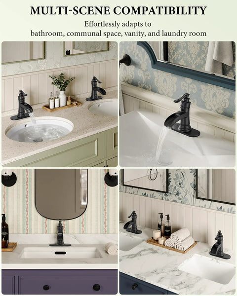 Bold Matte Black Waterfall Bathroom Faucet For Farmhouse Vanity with antique look installed on various vanities.