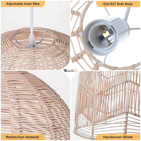 Close-up of Handwoven Rattan Pendant Lighting Rope Lamp Shade For Indoor Hanging Ceiling Light, eco-friendly material details