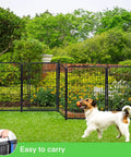Outdoor Dog Fence For Yard And Garden, 48 Inch High, 8 Panels Spanning 17.7 Feet, installed with open gate, dog nearby