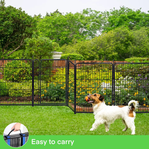Outdoor Dog Fence For Yard And Garden, 48 Inch High, 8 Panels Spanning 17.7 Feet, installed with open gate, dog nearby
