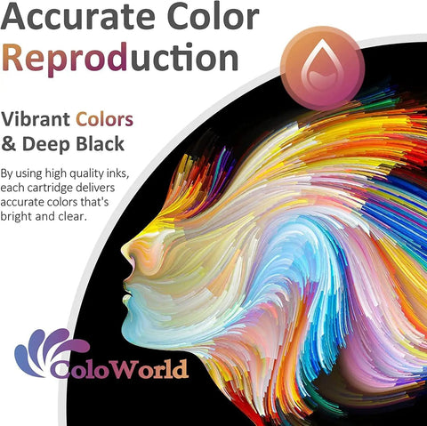 Colorful abstract artwork promoting ColoWorld ink cartridges with accurate color reproduction and vibrant colors.