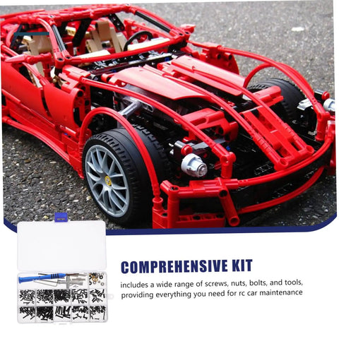 RC Car Screws And Fasteners Kit Pro Grade Repair Tool Set With Wrench Nuts Bolts And Case displayed with RC car model