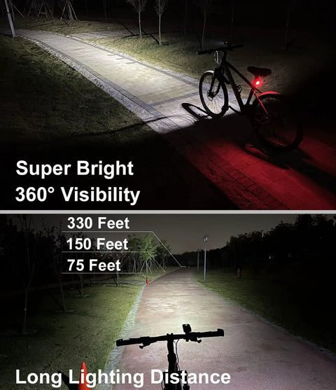 Ultra Bright 1200 Lumen Bike Light Set For Night Riding With USB Rechargeable Front Headlight And Rear Tail Light 6400 mAh Battery Wide 180 Degree Beam For Road And MTB Easy To See And Be Seen At Night