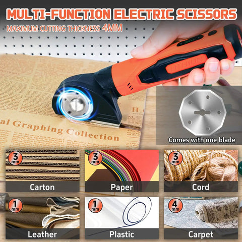 Multi-function electric scissors cutting paper with 4mm thickness, suitable for carton, cord, leather, plastic, and carpet materials.