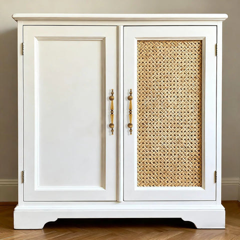 White cabinet with woven rattan door and antique brass cabinet pulls, highlighting the 10 pack of classic vintage style hardware.