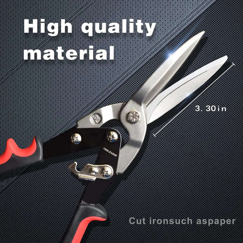 Heavy Duty 12 Inch Aviation Tin Snips With Forged Blade Long Straight Cutters made of CR-V steel on textured background