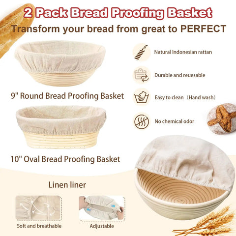 2 Pack Bread Proofing Basket with linen liner featuring 9" round and 10" oval baskets, natural rattan and cloth detail