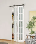 Bi-Fold Barn Door Kit 42 By 84 Inches With 10-Lite Tempered Frosted Glass Panels And Sliding Hardware For Two Doors White MDF Closet Slab