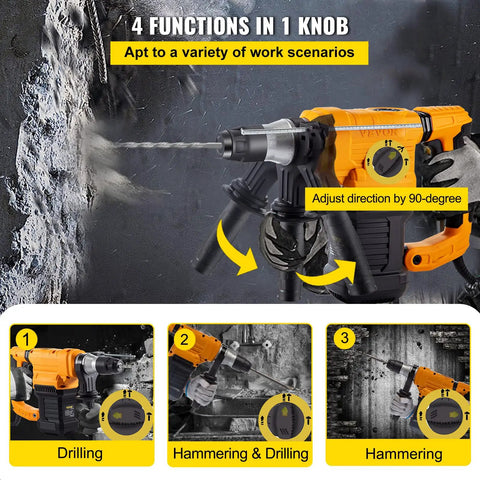Beast 1500W Hammer Drill in action, yellow rotary hammer with SDS Plus, drilling concrete, 4 functions shown.