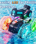 Amphibious RC Car That Rips On Land And Water 4WD Waterproof Monster With LED wheels splashing in pool water