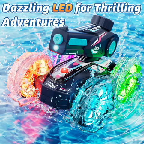 Amphibious RC Car That Rips On Land And Water 4WD Waterproof Monster With LED wheels splashing in pool water