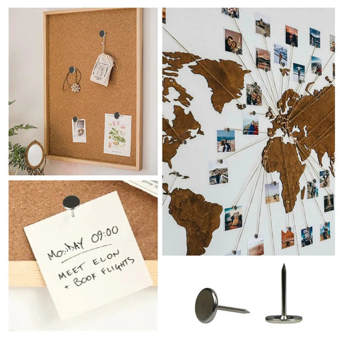 Heavy Duty Silver Thumb Tacks And Push Pins 50 Pack on corkboard with notes and photos, showcasing reliable grip for crafts.