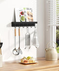 Dope Black Stainless Steel Key Holder With Shelf Wall Mount No Drill Self Adhesive Hooks Rack holding kitchen utensils and cookbook