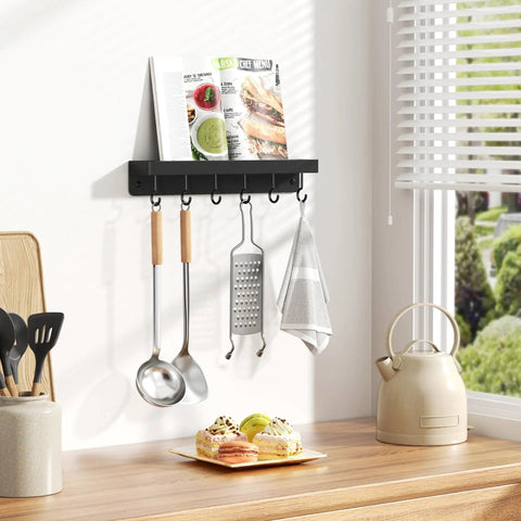 Dope Black Stainless Steel Key Holder With Shelf Wall Mount No Drill Self Adhesive Hooks Rack holding kitchen utensils and cookbook