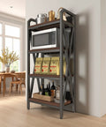 4 Tier Farmhouse Bakers Rack Heavy Duty Metal Wood Shelves Built Like A Tank Rock Solid X Brace, features microwave and pantry items.
