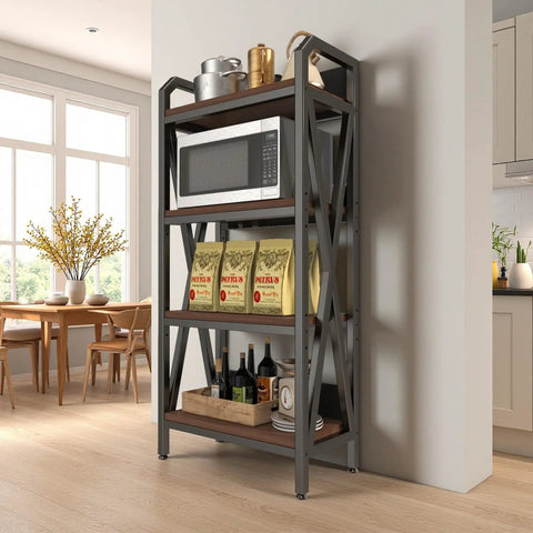 4 Tier Farmhouse Bakers Rack Heavy Duty Metal Wood Shelves Built Like A Tank Rock Solid X Brace, features microwave and pantry items.