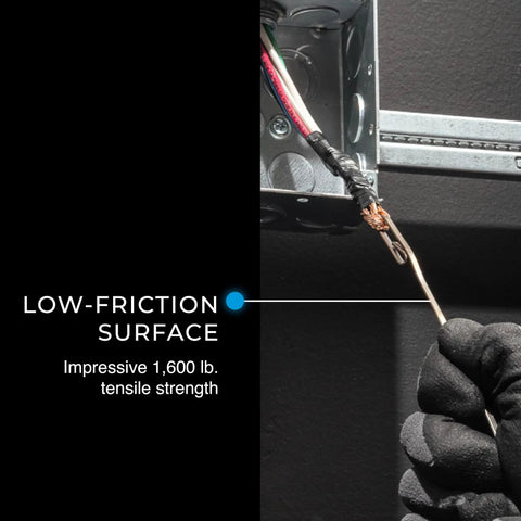 Stainless Steel Fish Tape 240 Feet With Formed Hook And Tuff-Grip Pro Case shown routing wires, highlighting low-friction surface.
