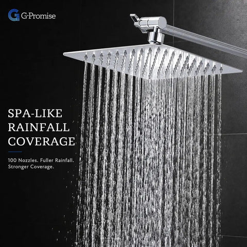 All Metal 8 Inch Dual Square Rain Shower Head With Handheld Spray, Chrome Finish, water flowing from square shower head