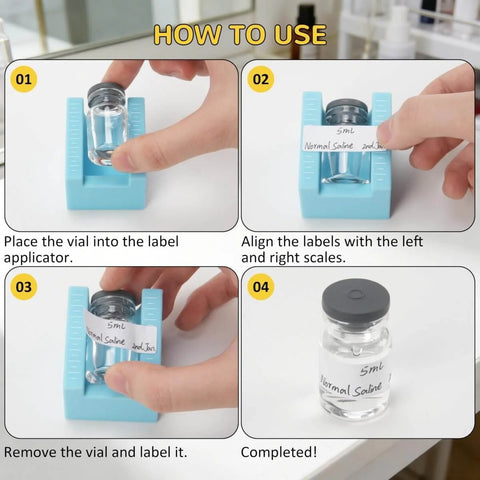 Two Pack Vial Label Applicators For 2ml 3ml And 5ml 10ml Vials Time Saving Handheld Sticker Alignment Tool in use with 5ml vial