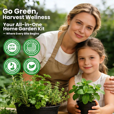 Mother and child holding potted herbs from Ultimate 15 In 1 Herb Garden Starter Kit For Indoor And Outdoor Growing