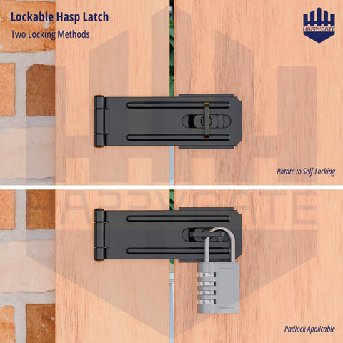 Heavy Duty Swivel Staple Safety Hasp Latch Lock With Twist Knob In Matte Black Stainless Steel With Rust Proof Coating For Outdoor Indoor Padlock Security Built Tough To Lock Your Gear Down Tight on wooden gates.