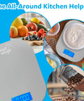 Gray Digital Kitchen Scale For Cookin And Meal Prep, Accurate Grams And Ounces, shown with various foods and ingredients