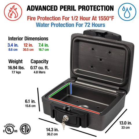 Open fireproof and waterproof portable safe lock box with key lock and carrying handle, exterior size 14.3 in W x 13 in D x 6.1 in H.