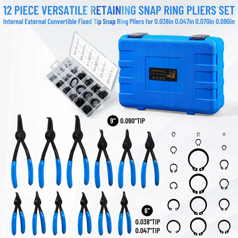 12 Piece Snap Ring Pliers Set With 300 External Rings, Heavy Duty Internal And External Pliers, Fixed Tip Design, Easy Swapping Without Tools