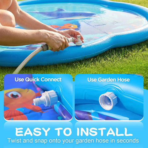 Person connecting garden hose to Sea World 75 Inch Splash Pad Sprinkler For Kids And Dogs Thickened Outdoor Water Toy Play Mat.