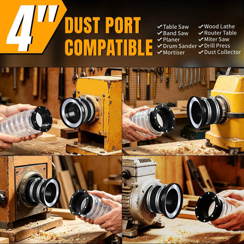 4 Inch Magnetic Dust Collection Quick Connect Kit illustration showing compatibility with woodworking tools.