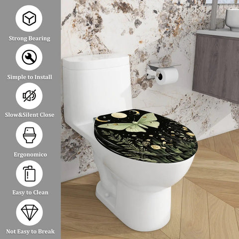 Elongated Resin Toilet Seat for Bathroom with decorative butterfly design, fits standard toilets, easy to install, and clean.