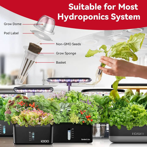 Hydroponic Seed Pod Kit For All Systems With Seven Pods And 350 Seeds Plus Lets You Grow Red Cherry Tomato Golden Cherry Tomato White Strawberry And Red Strawberry At Home On AeroGarden iDoo Ahopegarden And Other Hydroponic Setups image showing labeled components and healthy plants