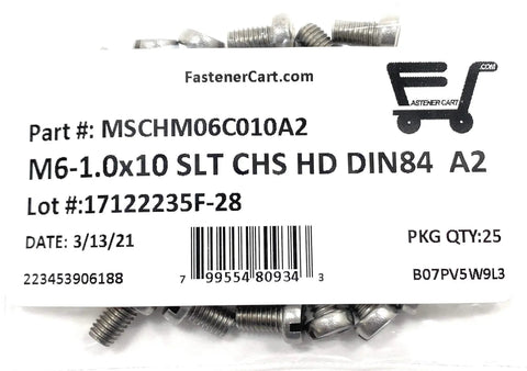 Snag These Rock Solid M6 X 10 Millimeter Stainless Steel Slotted Cheese Head Machine Screws Meeting Din 84 Specs With A2-70 Grade Quality inside 25 pack label with screws.