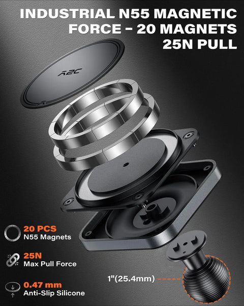 Exploded view of Heavy Duty Magnetic Phone Holder Base with industrial N55 magnets, 1-inch ball, and anti-slip silicone pad.