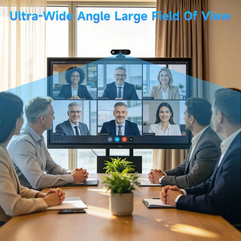 Image of a meeting with participants on a screen using a Crisp 1080P USB Webcam With Built In Mic For Smooth Video Calls And Live Stream.