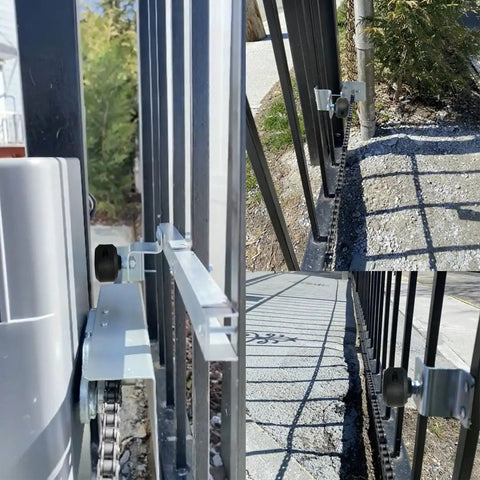 Magnetic Limit Switch For Sliding Gate Opener Replacement Magnet Set installed on driveway gate, showing close-up and side views