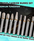 Heavy Duty Quarter Inch Shank Tungsten Carbide Burr Bits And Screw Extractor Workhorse Kit includes 10 premium tungsten carbide burrs.