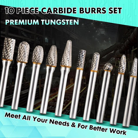 Heavy Duty Quarter Inch Shank Tungsten Carbide Burr Bits And Screw Extractor Workhorse Kit includes 10 premium tungsten carbide burrs.