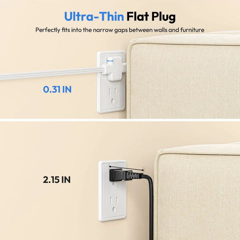 Ultra-thin flat plug design of Double Split Extension Cord 12 Foot Dual Power Cable Featuring A Low Profile Flat Plug Build.