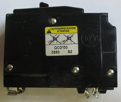 Two Pole 100 Amp Molded Case Circuit Breaker QO2100 For 120 240 Volt Panels Thermal Magnetic Trip UL Listed ANSI Certified Fits QO Load Centers And CSED Devices Common Trip Heavy Duty Power Workhorse black breaker front view