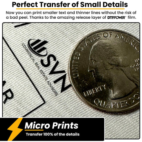 Close-up of Instant Hot Peel Cold Peel DTF Transfer Paper Roll 13 Inch X 328 Feet with coin for micro print detail comparison.