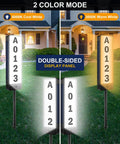 Solar Powered Address Sign For Yard With Vertical LED House Numbers IP65 Waterproof Outdoor Plaque Illuminated Two Sided Light For Night Visibility On Driveway Home And Street showing two color modes in front yard